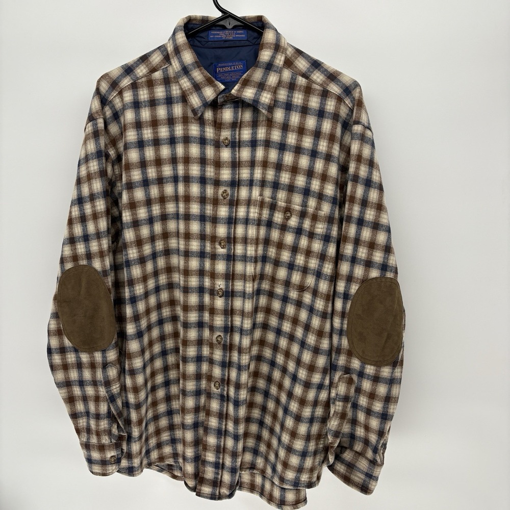 Vintage Pendleton Brown Plaid Wool Button Shirt Elbow Pads‎ Pocket Retro Men L